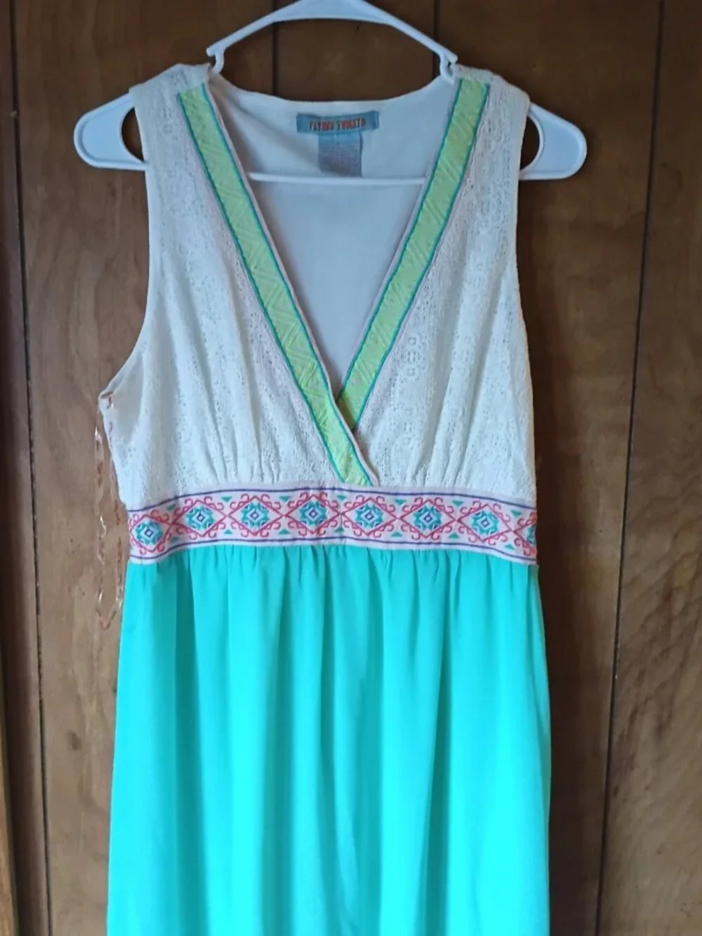 Flying Tomato White & Aqua Maxi Dress with Embroidered Waist